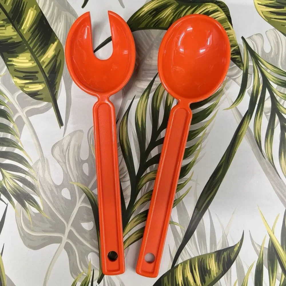 VINTAGE 1970s MCM Salad Serving Utensils Orange Melamine Spoon Slotted Fork